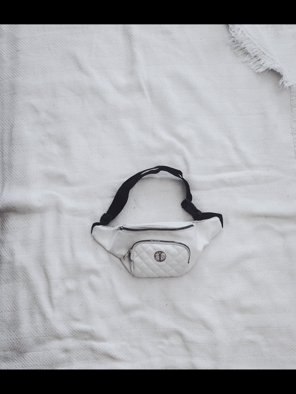 Quilted White Crossbody Belt Bag with Black Strap